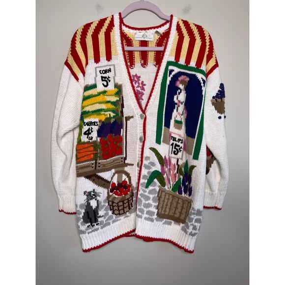 1990s Design Options Farmers Market Produce Art To Wear Fruits Scenic Cardigan L - Picture 1 of 7